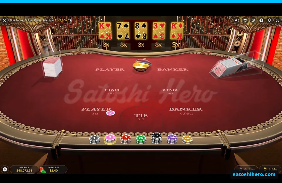 First Person Golden Wealth Baccarat table at Satoshi Hero with five 3x gold multiplier cards above the felt