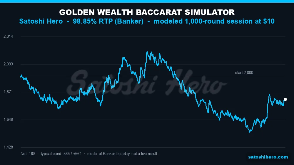 Simulated 1,000-round flat Banker-bet balance curve for Golden Wealth Baccarat at Satoshi Hero at 98.85% RTP
