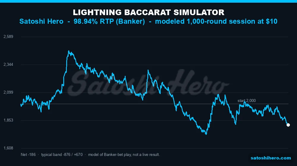 Simulated 1,000-round flat Banker-bet balance curve for Lightning Baccarat at Satoshi Hero at 98.94% RTP