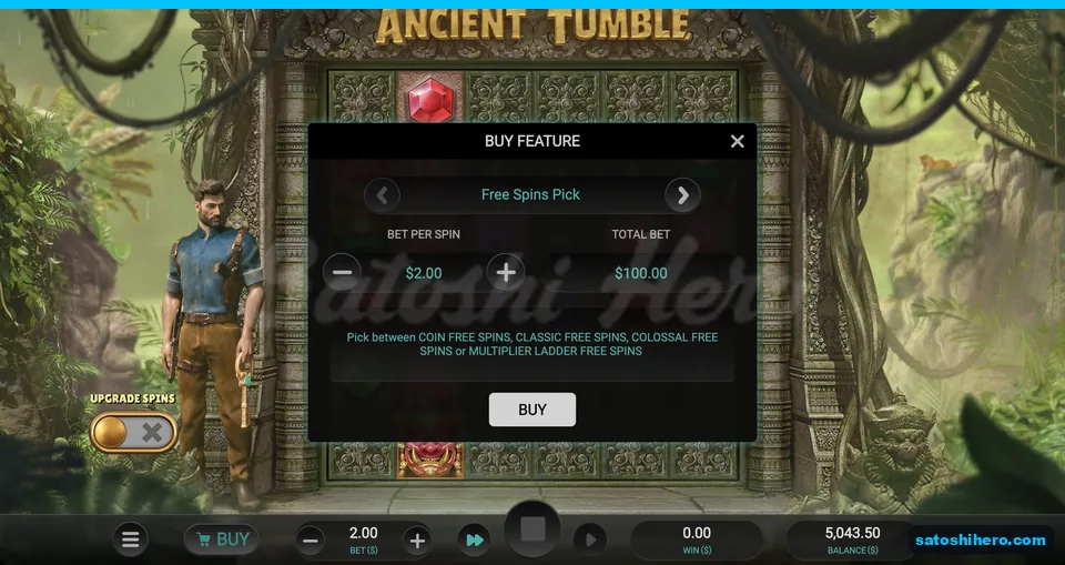 Buy panel showing $100 Free Spins Pick