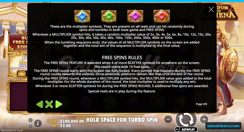 Rules explain gem values and free spins