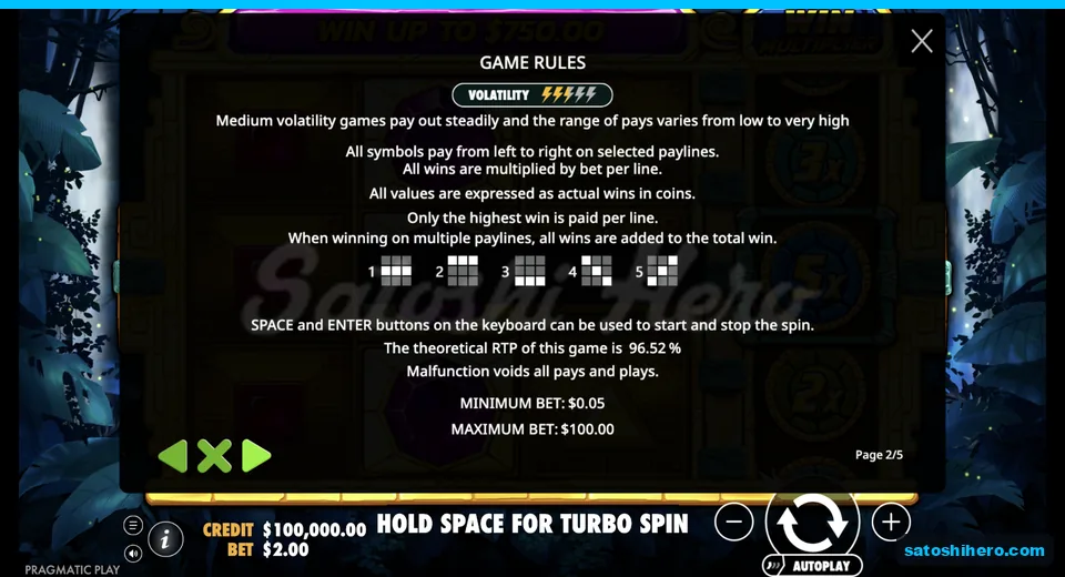 Payline rules show five fixed win paths