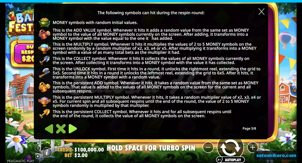 Info page shows respin modifier symbols