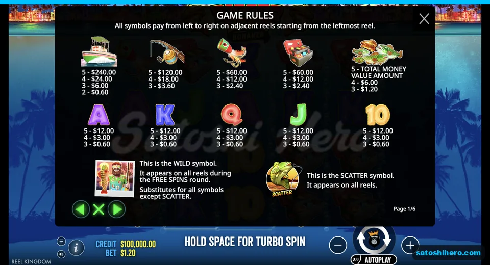Rules page lists symbol pay values