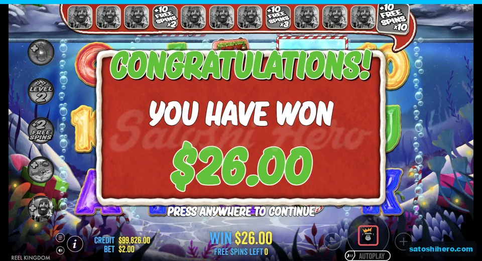 Congratulations screen shows a twenty-six-dollar win