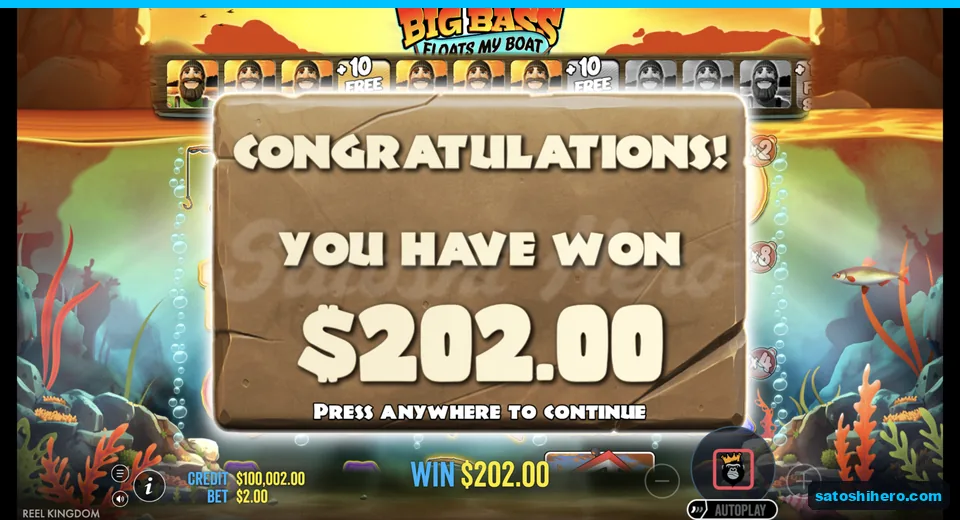 Congratulations screen shows a two-hundred-two-dollar win