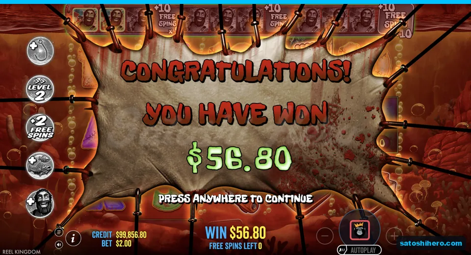 Congratulations screen shows $56.80 total win