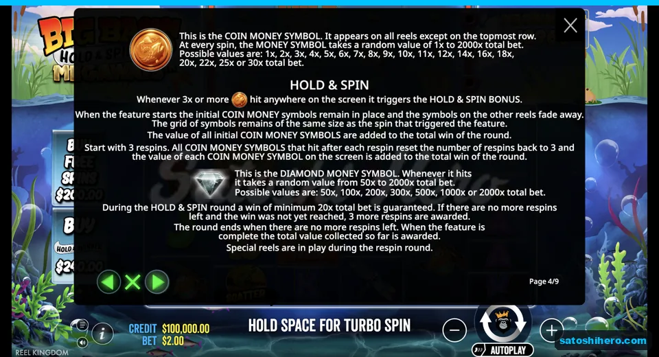 Hold and Spin rules show coins and diamonds