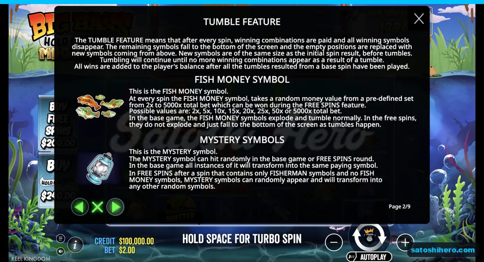 Rules page explains money fish and mystery symbols