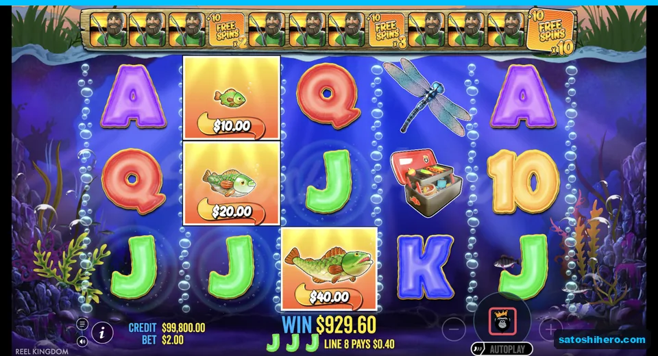 Free spins show a 10x multiplier and fish values