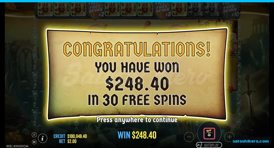 Congratulations screen pays $248.40 after thirty spins