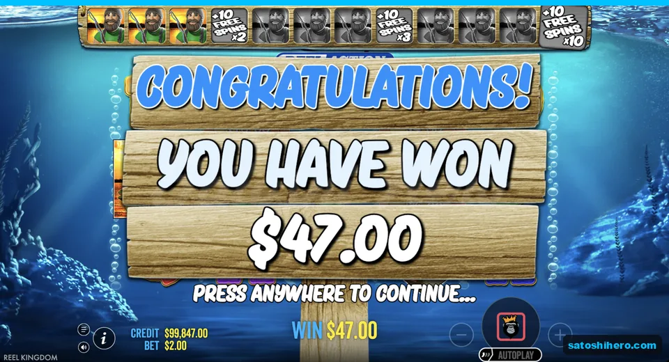 Congratulations screen shows $47.00 total win