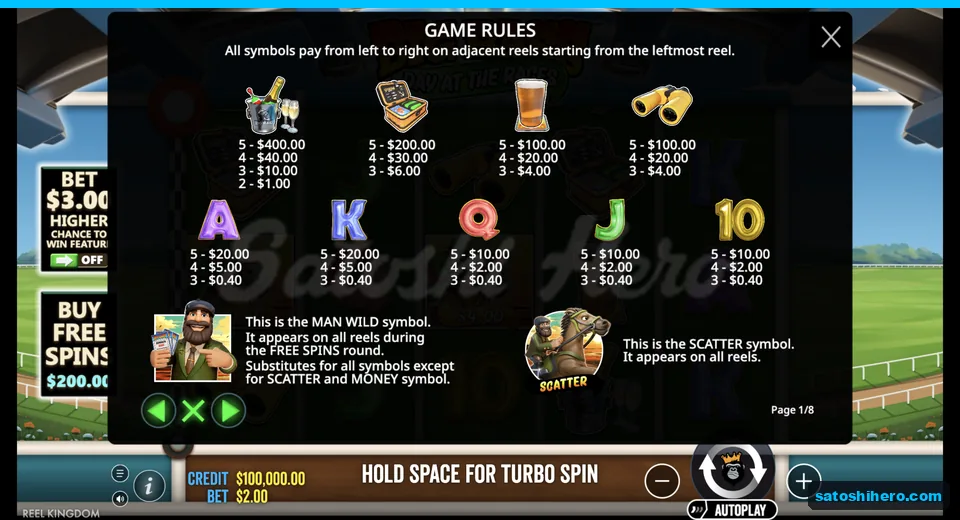Paytable lists props, royals, wild and scatter