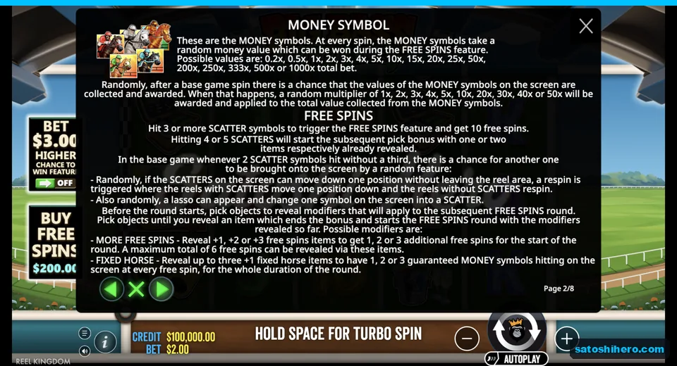 Money values and free spins rules displayed