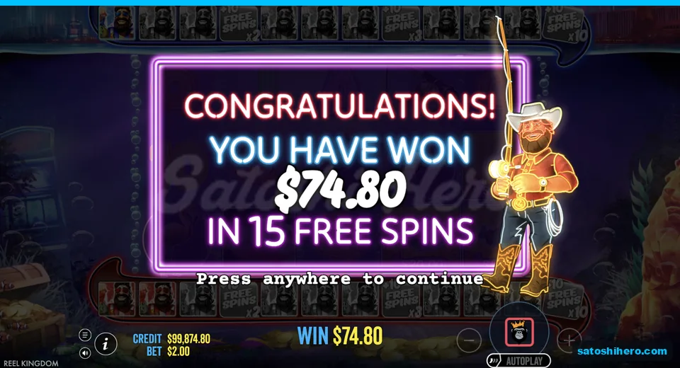 Congratulations screen pays $74.80 over 15 spins