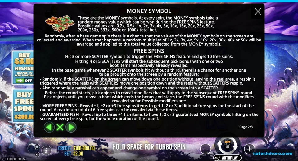 Rules page shows money values and free spins