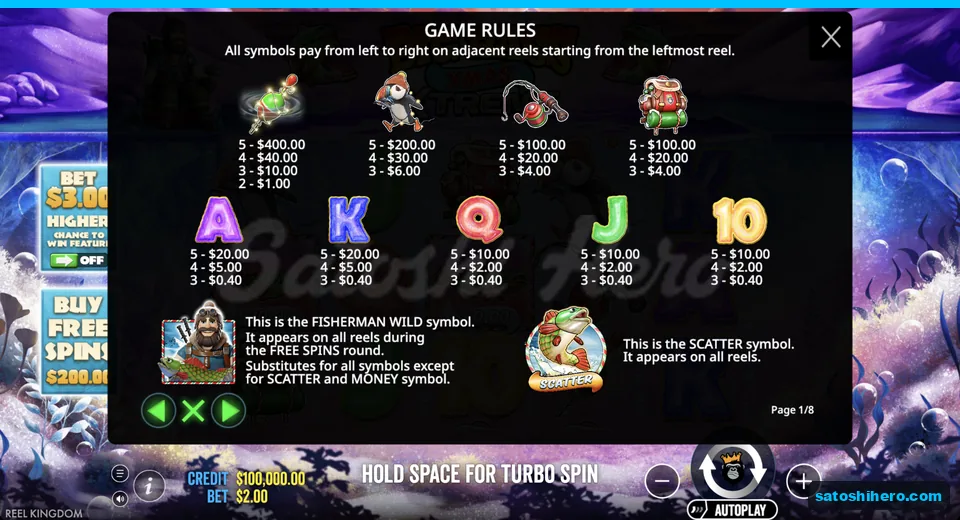 Paytable lists fish, wild, and scatter symbols