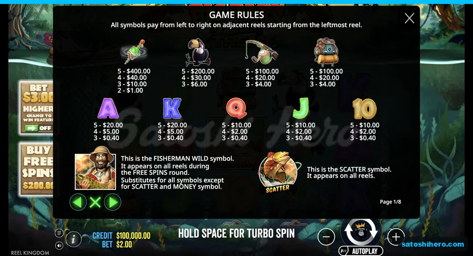 Rules page lists premiums, card ranks, wild and scatter