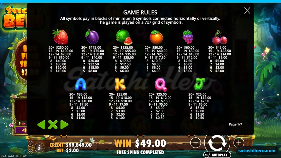 Paytable shows fruit and royal values