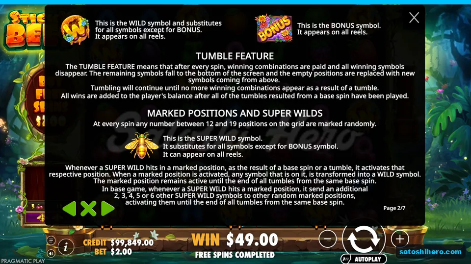 Rules explain wild, bonus, and bee symbols