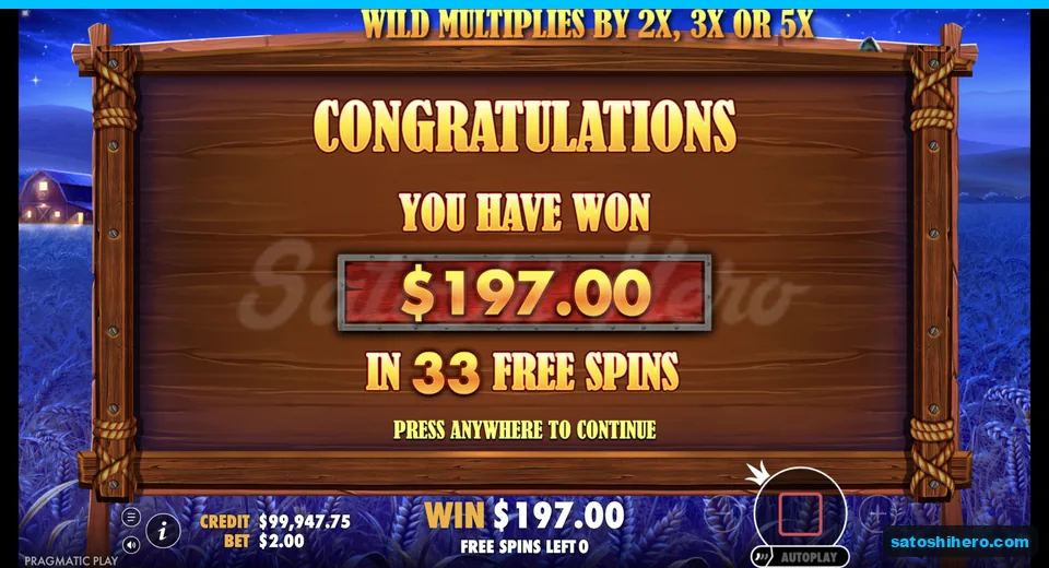 Congratulations board pays $197.00 after 33 spins