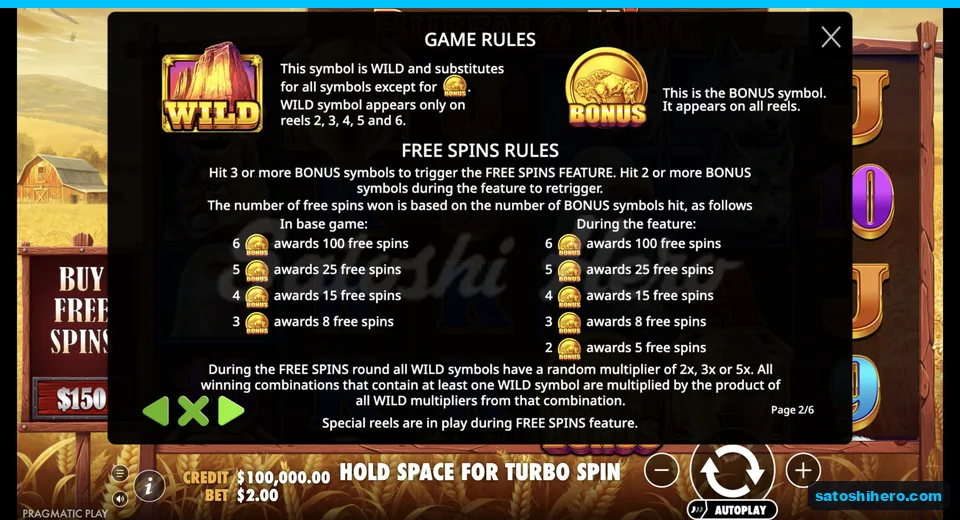 Rules show multiplier Wild and free-spin awards
