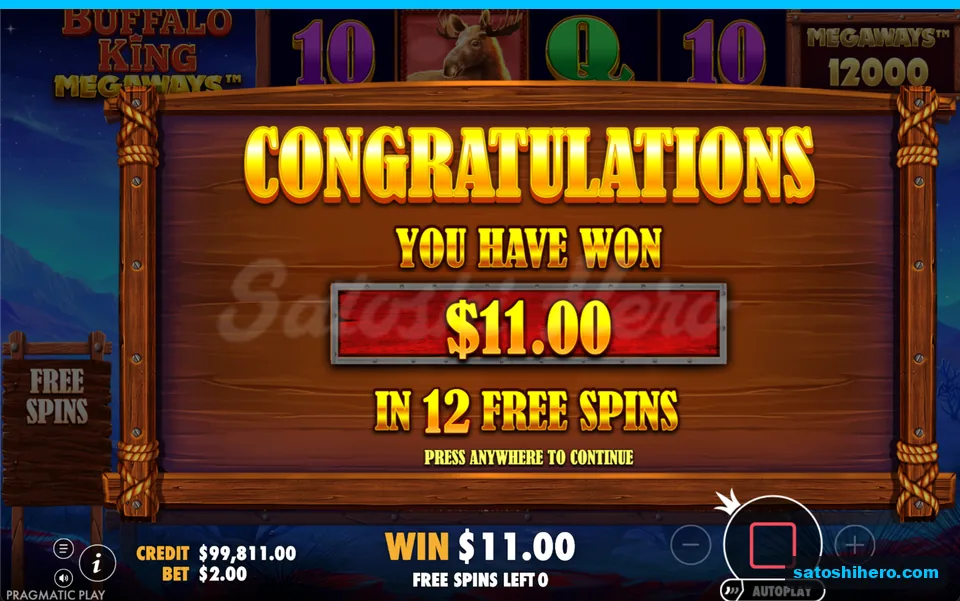 Collect screen shows $11.00 from free spins