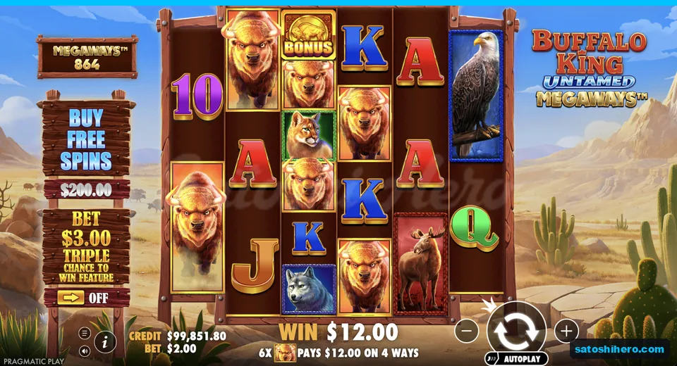 Win pays $12.00 from six buffalo symbols