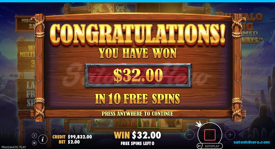 Congratulations board pays $32.00 from ten spins