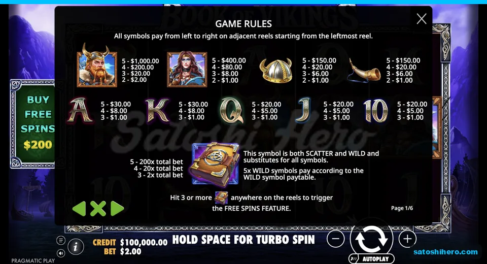 Rules page lists symbol payouts and Book