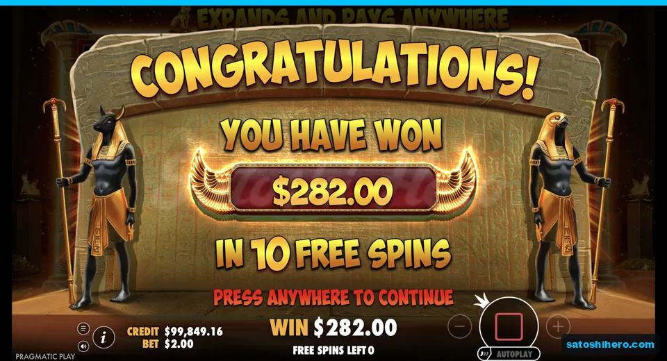 Total win screen shows $282.00 collected