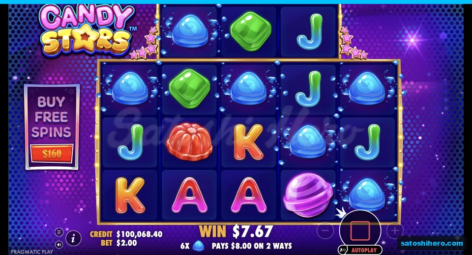 Line win resolves with blue gumdrops and 6x multiplier