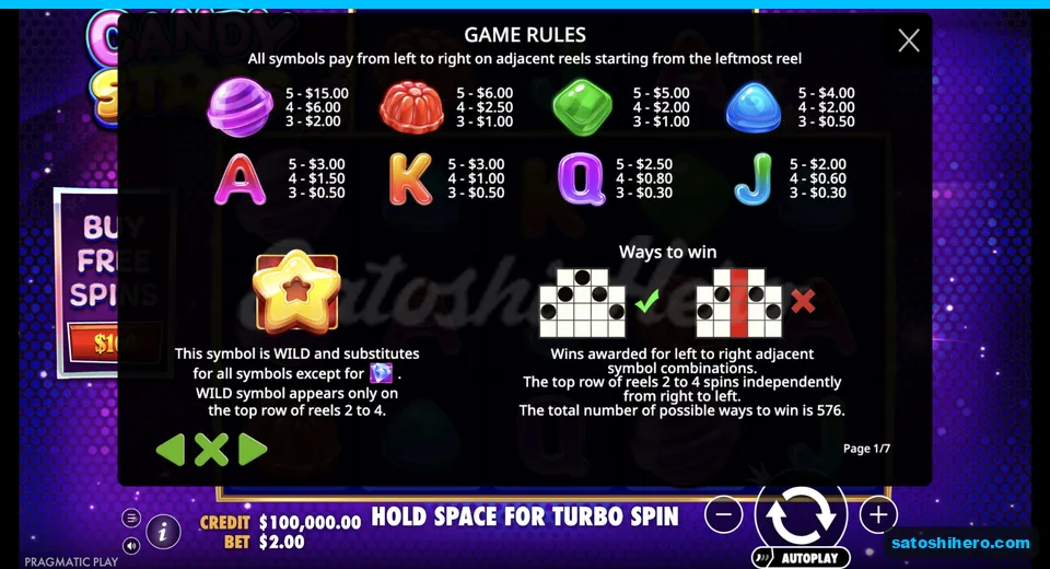 Paytable opens with symbol values and wild rule