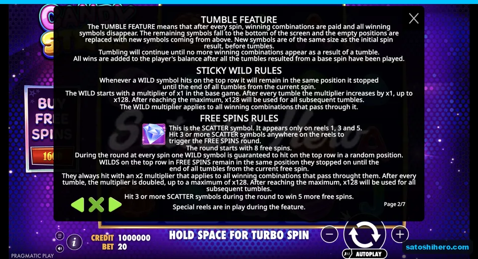 Rules page shows tumbles wilds and scatters