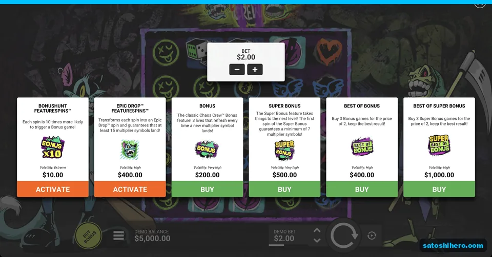 Bonus buy menu with four prices