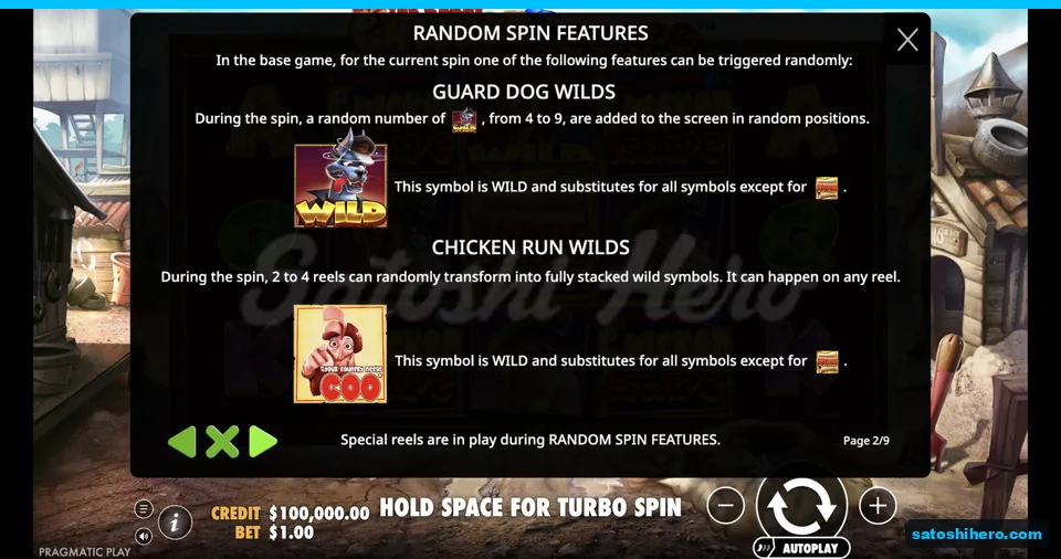 Rules page shows dog wilds and stacked wild reels