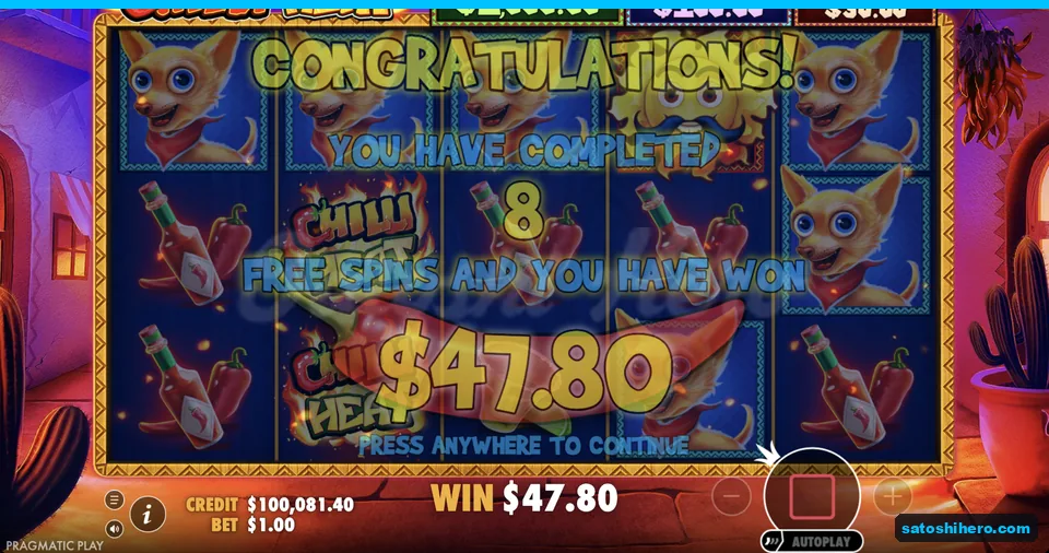 Congratulations screen shows eight spins and $47.80