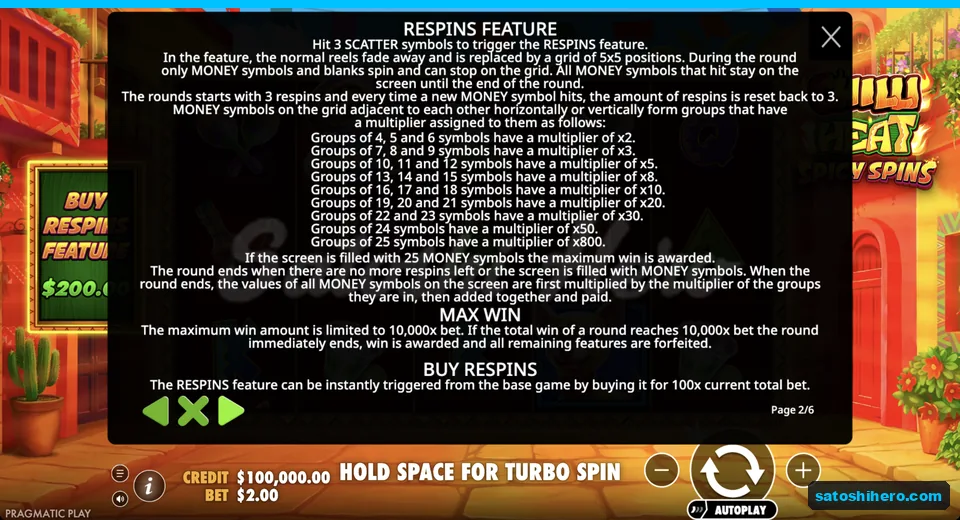 Rules page explains the respins grid