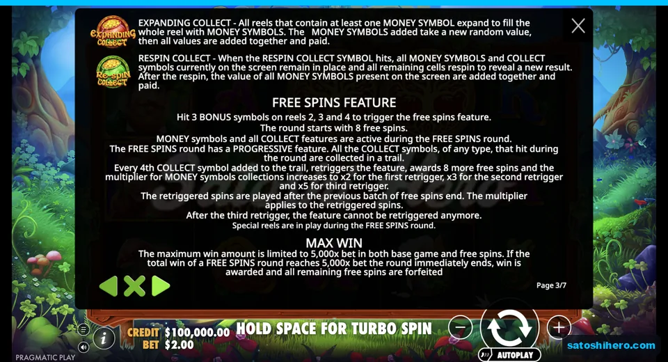 Rules explain free spins and collect trail
