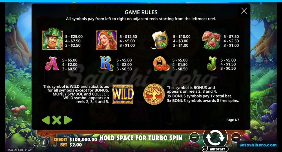 Paytable opens with symbol values listed
