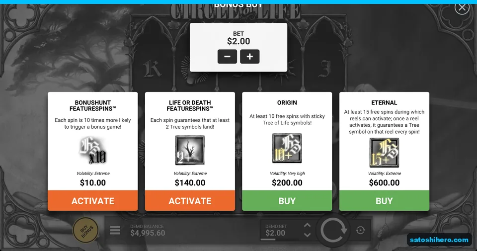 FeatureSpins and bonus buy prices fill menu