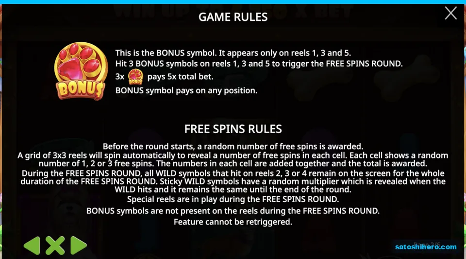Bonus scatter rules panel shows red paw symbols