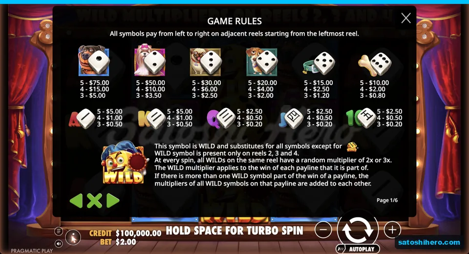 Paytable lists dogs, royals and wild values