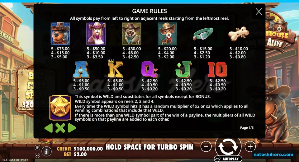 Paytable lists dogs, collar, bone and royals
