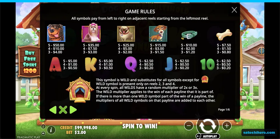 Paytable lists dog symbols and wild multipliers