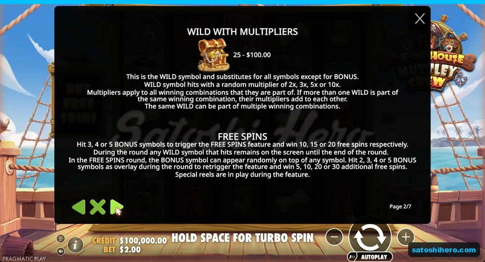 Rules page shows wild multipliers and free spins