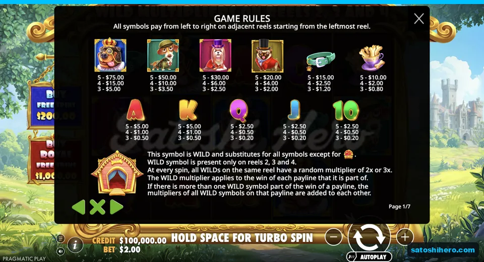 Paytable lists dog and royal values