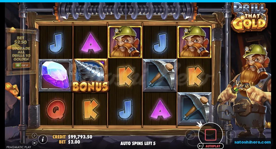 Idle reels show drill, gems, miners and beams