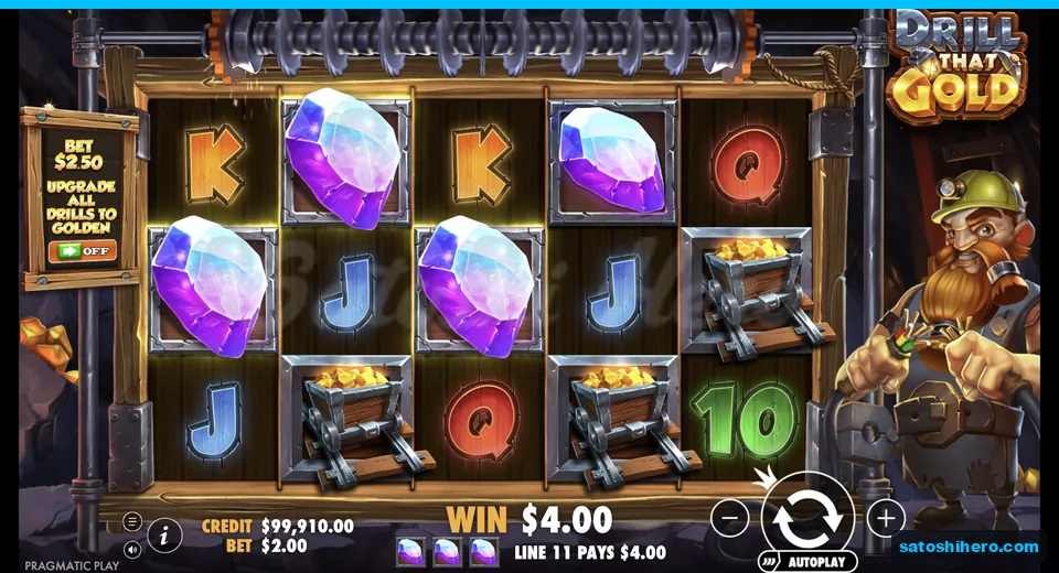 Line win resolves with three purple gems