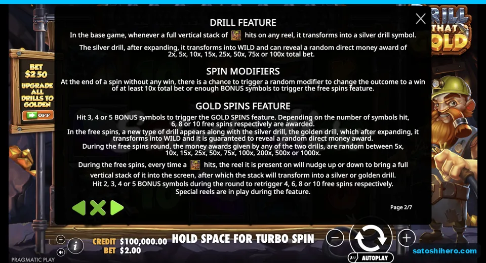 Rules page explains drills, modifiers and free spins